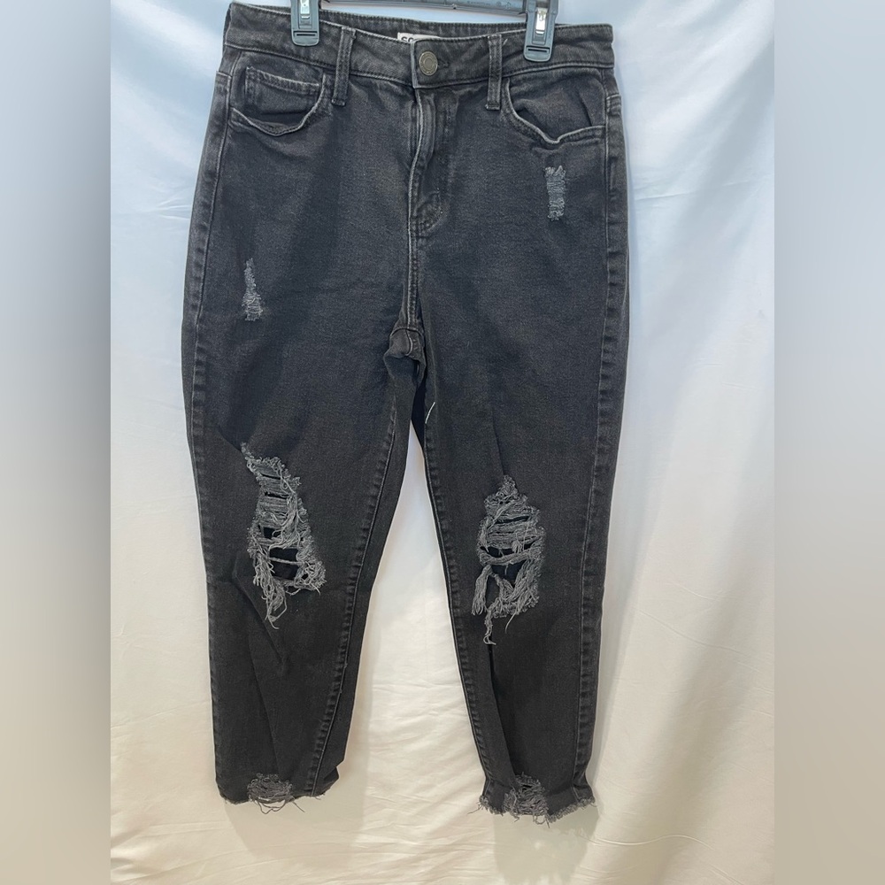 SO Women's Juniors Size 9/29 Black High Rise Distressed Stretch Mom Jeans